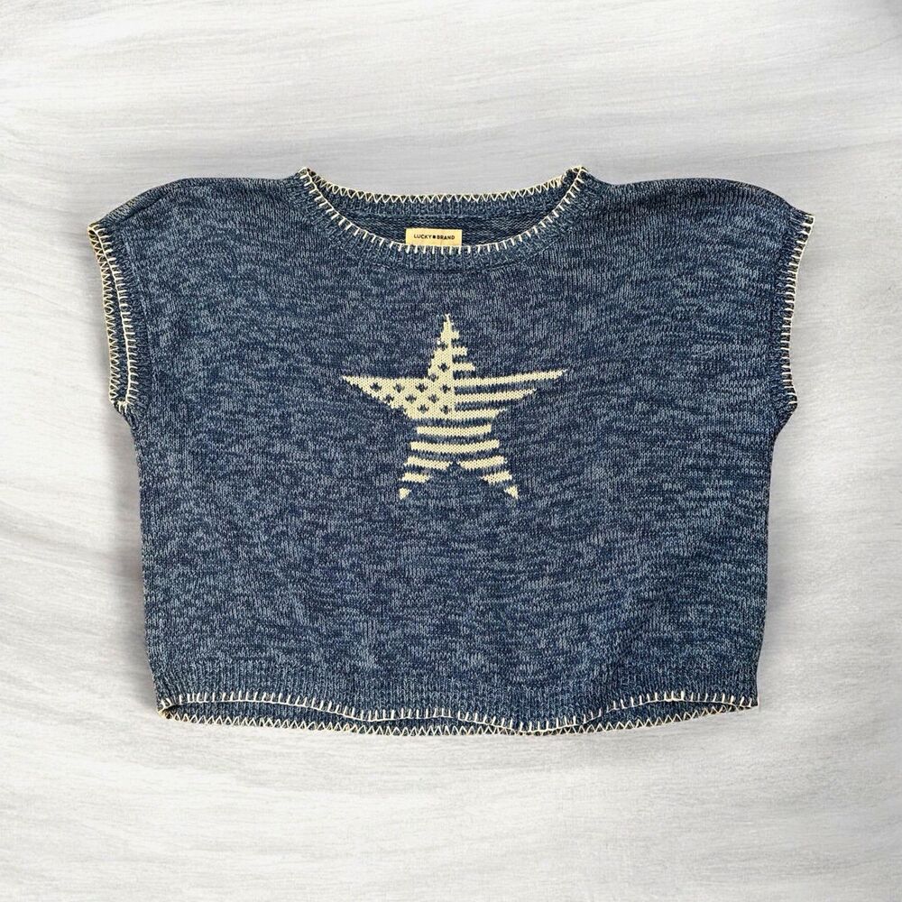 Lucky Brand Women's Blue/White Star Knit Crew Neck Pullover Sweater XL